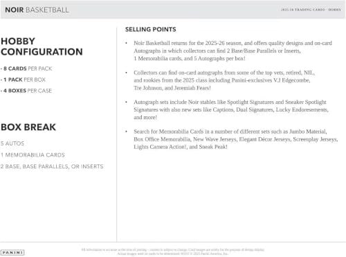 Panini 2025/26 Noir Basketball Hobby Trading Card Box 5 Autographs